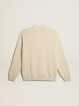 Herrenpullover mit Rundhalsausschnitt aus panamafarbener Baumwolle mit Logo auf der Rückseite Herrenpullover mit Rundhalsausschnitt aus panamafarbener Baumwolle mit Logo auf der Rückseite